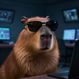 portrait of capybara wearing sunglasses in a dark surveillance control!!! room, face illuminated by the dim light from computer screen f 1. 8. 8 k. from the new pixar movie