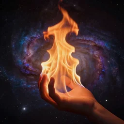 two hands, light, flame, galaxy colors, dark background, 4k resolution