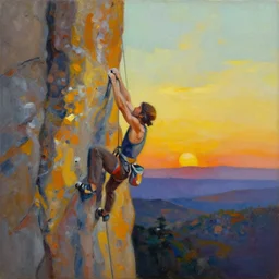 An abstract oil painting of rock climbing by Salvador Dali, sunrise, scenic