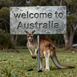 a kangaroo holding a sign made out of steel with the phrase [ welcome to australia ] carved on it, digital art, by stefan sagmeister