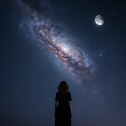 girl, beautiful stary sky, moon, galaxy, andromeda