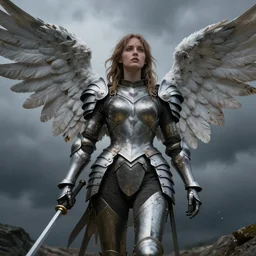 portrait of a female armoured angel, lost , stormy background, highly detailed, hyper realistic,