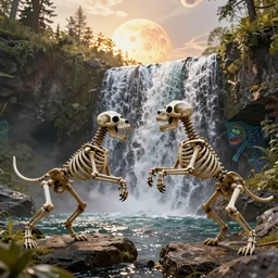 3d renderings of two dog Skeletons fighting in front of a waterfall, infographic for imaginary animals, golden hour, backlit by an alien planet, sharp focus, psychedelic LSD manga, hyper realistic, detailed, octane render