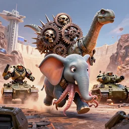pixar elephant octopus running brontosaurus atat googly eyes, military tank fury road iron smelting pits space marines, highly detailed cinematic scifi render of 3 d sculpt of spiked gears of war skulls, military chris foss, john harris, hoover dam'aircraft carrier tower'beeple, warhammer 4 0 k, halo, halo, mass effect