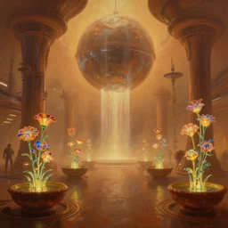 dramatic perspective a minimalist bioluminescent oil painting by donato giancola, chriss foss, warm coloured, cinematic scifi luxurious futuristic foggy steam filled spaceport with a giant orb in waterfalls with microscopy stained glass flowers growing out of pretty bulbous ceramic fountains, gigantic pillars and flowers, maschinen krieger, beeple, the matrix, star wars, ilm, star citizen, mass effect, artstation, atmospheric perspective