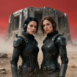 cinestill 5 0 d photographic portrait of two loving female androids wearing rugged black techwear standing in front of a brutalist structure on a desolate plain with a red sky, extreme closeup, cyberpunk style, dust storm, 8 k, hd, high resolution, 3 5 mm, f / 3 2, ultra realistic faces, ex machina