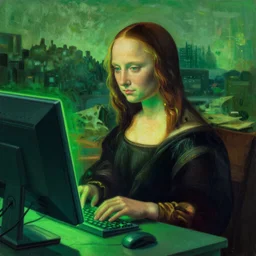 a striking hyper real painting of Cyberpunk Elle Fanning hacking a computer, green lighting, by da Vinci
