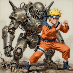 semi realistic gouache painting, by bana benedick, by ruan jia, by eng kilian, by denning guy online artists, detailed anime 3 d render of naruto fighting luffy, cgsociety, artstation, rococo mechanical, digital reality, sf 5 ink style, dieselpunk atmosphere