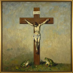 vintage beautiful painting of a christian cross with a few vibes and two frogs on it in Mary Cassatt style