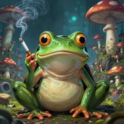 A centered chest up portrait of a psychedelic godlike anthropomorphic frog smoking a hand-rolled cigarette , magic mushroom village in background . award winning. superb resolution. in the art style of junji Ito and greg rutkowski . Detailed Mushroom city in background. Hyper realistic anime. Perfect art. Dalle2