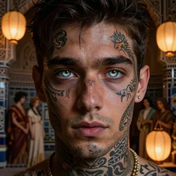 extreamly beautiful eyes, luis royo, tattooed face, hypnotic eyes, emotional eyes, by annie swynnerton and nicholas roerich and jean delville, glowing paper lanterns, strong dramatic cinematic lighting, ornate tiled architecture, lost civilizations, smooth, sharp focus, extremely detailed