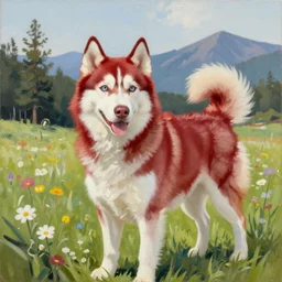 Pomsky with red and white fur and light blue detailed eyes on a flower meadow, in the background trees and mountains oil painting on canvas