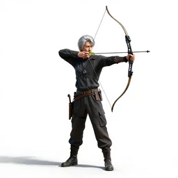 silver-haired archer drawing bow, high detail digital art, full body, standing, isolated on a pure white background, centered, whole figure in frame, sharp focus, studio lighting