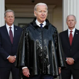 a pale white hair Joe Biden in a black latex acronym cape, in the style of mike dringenberg and ashley wood