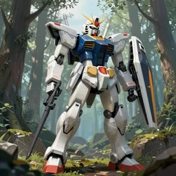 An Azure gundam in a forest landscape, wolf armor, highly detailed, mobile suit, GUNDAM, mecha, sci-fi, illustration, trending on artstation, Pixiv, HD