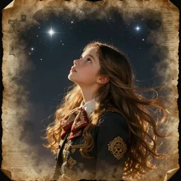 A beautiful illustration of a young girl with long flowing hair, looking up at the stars. She appears to be dreaming or lost in thought. mariachi, medieval parchment by Scott Naismith, by Lorenz Hideyoshi, by Michael Whelan vfx, beautiful