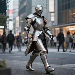 sci - fi metal knight walking in shinjuku, by ismail inceoglu