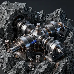 macro photography of the giant psychedelic magical machine embedded within the mountain, industrial machinery, sedimentary rock and marble, pistons and valves, hadron collider, super conducters, reactor circuits, isometric, cool dark tones in the style of Luis García Mozos