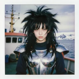 black - haired girl with wild spiky black saiyan hair with long bangs over her eyes, hair covering eyes, wearing chrome chestplate armor, standing on an alaskan fishing vessel, 1 9 6 5, polaroid, kodachrome, grainy photograph
