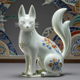 A photo-real delicate ceramic porcelain sculpture of an ornate detailed kitsune in front of a intricate background by Victo Ngai and takato yamamoto, micro detail, backlit lighting, subsurface scattering, translucent, thin porcelain, octane renderer, colorful, physically based rendering, japanese pottery, trending on cgsociety