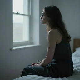 woman sitting on bed, looking out the window, minimalistic room, soft light coming from outside, cold atmosphere, color, white walls, dramatic lighting, medium closeup, shot by fincher