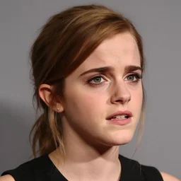 Emma Watson showing strong emotion, headshot, close-up, studio lighting, 200mm, canon, f/22