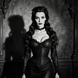 b & w photo of morticia addams as played by donald trump