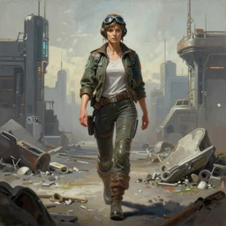 brutalist painting of a female pilot walking across a cyberpunk wasteland, symmetrical face details, League of Legends Character Splash Art, ultra realistic, very highly detailed, 8K, octane, Digital painting, concept art, illustration, rule of thirds, sharp focus, centered, Zdzisław Beksiński