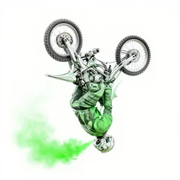 black lines motorcycle zip line action speed green blast upside down smoke generated by skid splash art graphic design color splash high contrasting art, fantasy, highly detailed, art by greg rutkowski
