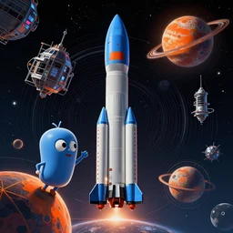 Blue V2 rocket in space, tin tin, Orange planet, intricate, SCI-Fi, movie poster, digital art by raphael lacoste