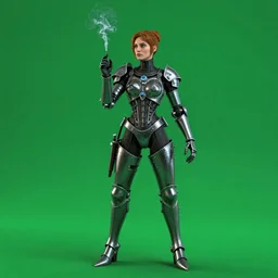 a Victorian warrior, smoking body, like lady mechanika, on a green screen
