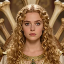 eyes wide shut movie frame, portrait photo of girl on bones throne, persian empire costume, blonde, curly hair, clean face, big eyes, symmetrical face, smooth skin, jewelry,, ecstasy, cute, fashion editorial photography, hyperrealistic, from vogue magazine, ultra realistic, artgerm, reflections, gold intricate, 5 0 mm lens, icm