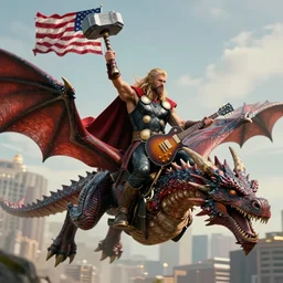 a photo of thor with the hammer riding an epic dragon while holding the american flag and an electric guitar, ultrarealistic, 4 k, raytracing