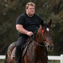 obese Ethan Van Sciver riding on a dark horse with glowing red eyes