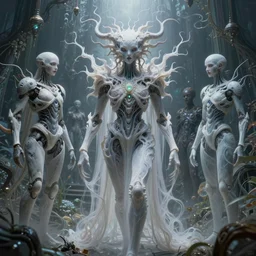 muted vaporwave ombre, sharp focus, strong lighting, clean lines, sinister eldritch neural diaphanous skullpunk spirits in the enchanted intergalactic mecha garden, man - machine chimeric beholder polyphemous by okuda san miguel by jerimiah ketner by tatsuyuki tanaka by agostino arrivabene and wayne england