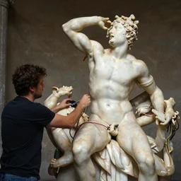 man fixing television wiring in the style of Lacoon, roman sculpture