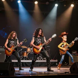 ( heavy metal band ) rocking out of stage, with guest appearance from woody of toy story