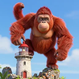 red orangutan as king - kong climbing over small ruined lighthouse, pixar movie 2 0 2 2, photo realistic, highly detailed, perfect face, fine details, by carl spitzweg, ismail inceoglu, vdragan bibin, hans thoma, greg rutkowski, alexandros pyromallis