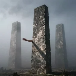 arm reaching out of thick fog, tall stone slabs, zdzislaw beksinski