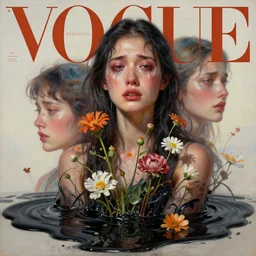 3 d, crying fashion model, flowers, liquid black water, morning, vogue cover style, poster art, high detail, intricate oil painting, multiple exposure, heaven mood, hyperrealism, 3 d, by tooth wu and wlop and beeple and greg rutkowski
