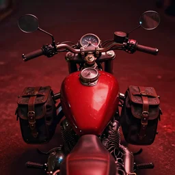 steampunk motorcycle red color with side mirrors and saddle bags, first person view dramatic lighting red