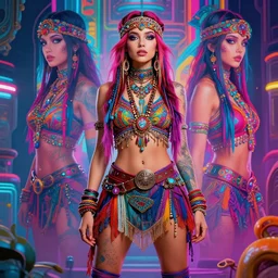 colorful 3 / 4 body shot of a female hippie, set in the future 2 1 5 0 | highly detailed | very intricate | symmetrical | professional model | cinematic lighting | award - winning | painted by mandy jurgens and ross tran | pan futurism, dystopian, bold psychedelic colors, cyberpunk, groovy vibe, anime aesthestic | featured on artstation