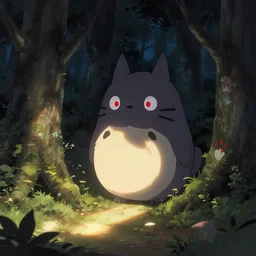 in a forest at night, kawaii little demon with red eyes come out of their hiding places, light rays reach the ground, painting by goro fujita, sharp focus, very detailed, artstation