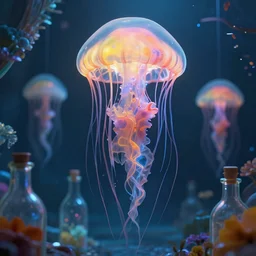 by par olofsson and tristan eaton, visually stunning, cinematic, ultra realistic, hyper realism, 1 2 k, epic, octane render, unreal engine, vfx, maya, into the uncertain divine : crisp and bright and magical and strange, polymorph : jellyfish, color cycling : magnificent bottles