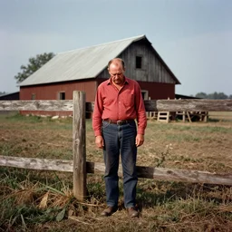 A sad man, near farm, full body shot, outdoors, photograph, f2.8, dramatic, balding hair, redneck, film grain, large format, 1950