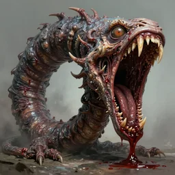 concept art of a impossiblely long demonic wormlike creature with mismatched animal features with its bloody mouth open wide revealing too many teeth in the style of zdzisław beksinski in the style of h. r. giger trending on artstation deviantart pinterest furaffinity detailed realistic hd 8 k high resolution