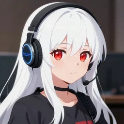 anime portrait of white long haired red eyed young cute girl wearing headset by mika pikazo