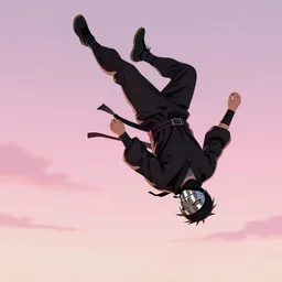 ninja, doing a backflip, metallic mask around the mouth, ( ( ( anime ) ) ), fantasy, elegant, pink gradient sky, trending on artstation, deviantart, by wlop
