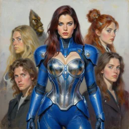 portrait of woman wearing cerulean power armor with steel overbust corset. intricate painting by ross tran, magali villeneuve, and jeremy mann.