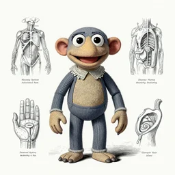 A victorian naturalist\'s illustration of a muppet, anatomical notes with labels, pen and ink